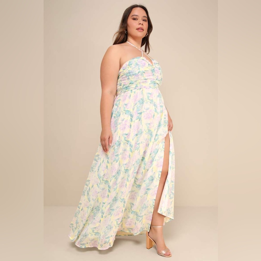 NWT Effortlessly Abloom Green Multi Floral Ruched Halter Maxi Dress Sz XS - Picture 6 of 13